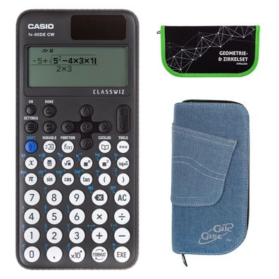 Casio FX-85 DE CW mit Jeans-Tasche hellblau und Zirkelset grün (Gr. Taschenrechner)