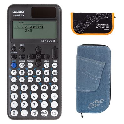 Casio FX-85 DE CW mit Jeans-Tasche hellblau und Zirkelset orange (Gr. Taschenrechner)