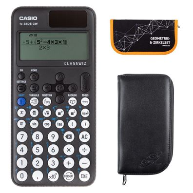 Casio FX-85 DE CW mit schwarzer Tasche und Zirkelset orange (Gr. Taschenrechner)