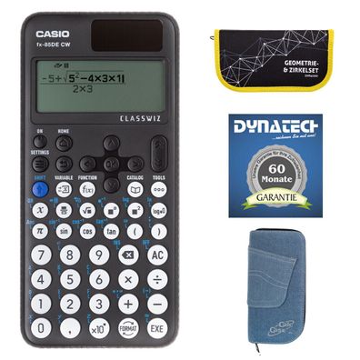 Casio FX-85 DE CW mit Jeans-Tasche hellblau, Zirkelset gelb und Garantie