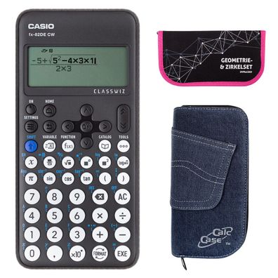 Casio FX-82 DE CW mit Jeans-Tasche dunkelblau und Zirkelset pink (Gr. Taschenrechner)