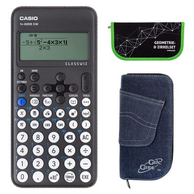 Casio FX-82 DE CW mit Jeans-Tasche dunkelblau und Zirkelset grün (Gr. Taschenrechner)