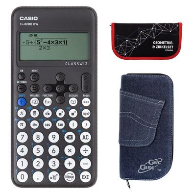 Casio FX-82 DE CW mit Jeans-Tasche dunkelblau und Zirkelset rot (Gr. Taschenrechner)