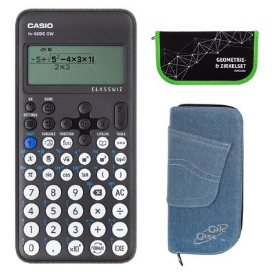 Casio FX-82 DE CW mit Jeans-Tasche hellblau und Zirkelset grün (Gr. Taschenrechner)