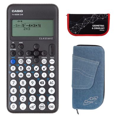 Casio FX-82 DE CW mit Jeans-Tasche hellblau und Zirkelset rot (Gr. Taschenrechner)