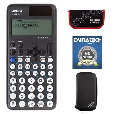 Casio FX-85 DE CW mit CalcCase-Schutztasche, Zirkelset rot und Garantie