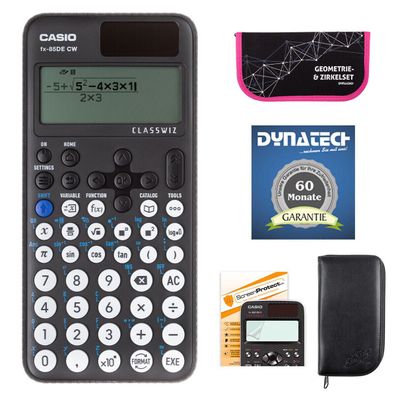 Casio FX-85 DE CW + schwarzer Tasche, Zirkelset pink, Schutzfolie, Garantie