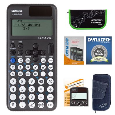 Casio FX-85 DE CW m. Jeans-Tasche dunkelblau, Zirkelset grün, Folie, Buch, Garantie