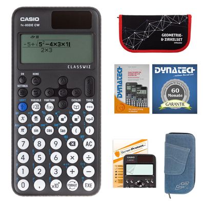 Casio FX-85 DE CW mit Jeans-Tasche hellblau, Zirkelset rot, Folie, Buch, Garantie