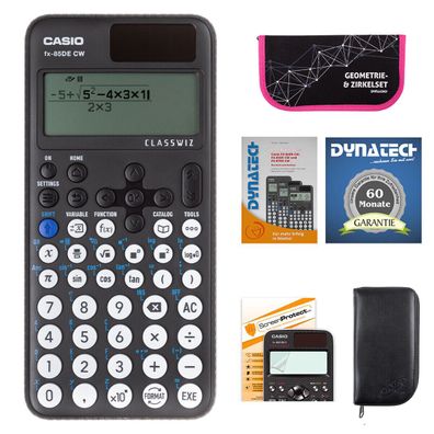 Casio FX-85 DE CW mit schwarzer Tasche, Zirkelset pink, Folie, Buch, Garantie