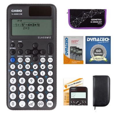 Casio FX-85 DE CW mit schwarzer Tasche, Zirkelset lila, Folie, Buch, Garantie