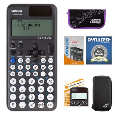 Casio FX-85 DE CW mit CalcCase-Schutztasche, Zirkelset lila, Folie, Buch, Garantie