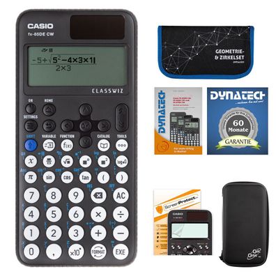 Casio FX-85 DE CW mit CalcCase-Schutztasche, Zirkelset blau, Folie, Buch, Garantie