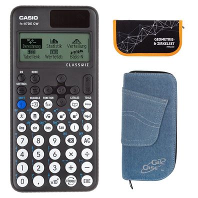 Casio FX-87 DE CW mit Jeans-Tasche hellblau und Zirkelset orange (Gr. Taschenrechner)