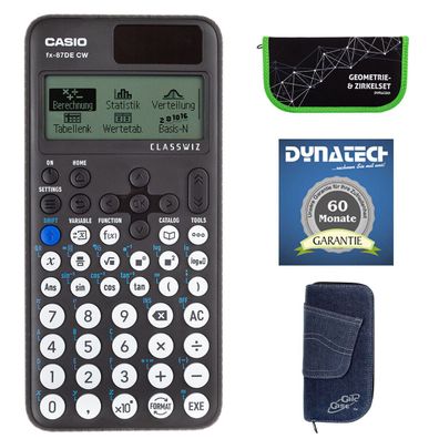 Casio FX-87 DE CW mit Jeans-Tasche dunkelblau, Zirkelset grün und Garantie