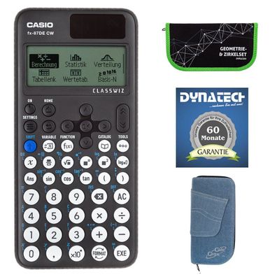 Casio FX-87 DE CW mit Jeans-Tasche hellblau, Zirkelset grün und Garantie