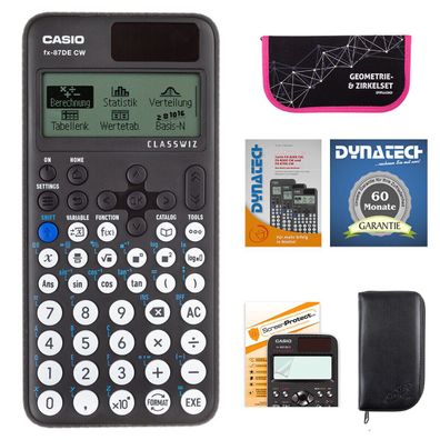 Casio FX-87 DE CW mit schwarzer Tasche, Zirkelset pink, Folie, Buch, Garantie