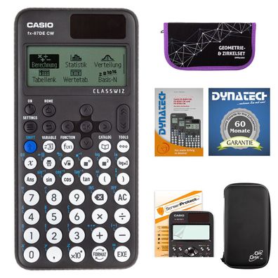 Casio FX-87 DE CW mit CalcCase-Schutztasche, Zirkelset lila, Folie, Buch, Garantie