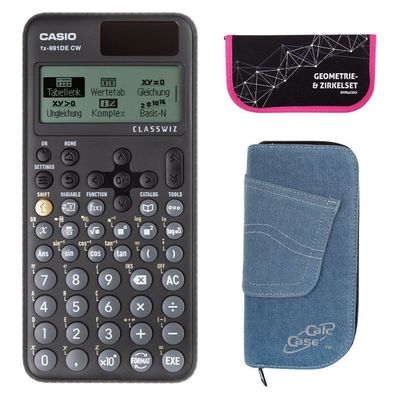 Casio FX-991 DE CW mit Jeans-Tasche hellblau und Zirkelset pink (Gr. Taschenrechner)