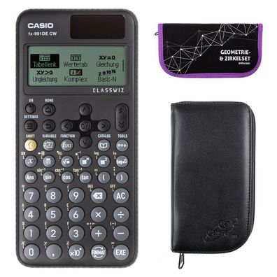 Casio FX-991 DE CW mit schwarzer Tasche und Zirkelset lila (Gr. Taschenrechner)