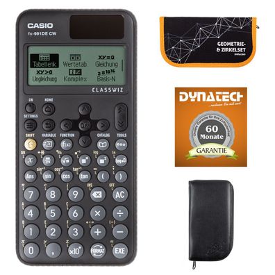 Casio FX-991 DE CW mit schwarzer Tasche, Zirkelset orange und Garantie
