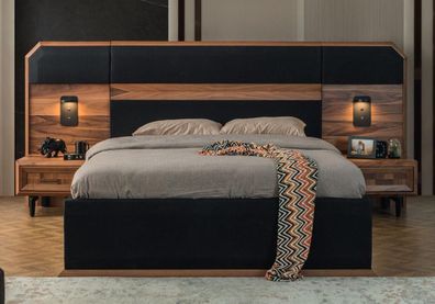 Brown-black wooden bedroom set double bed 2x bedside tables 3-piece