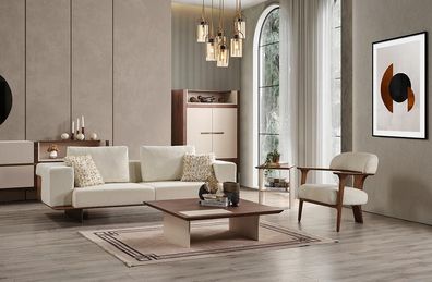 Modern Weiß Sofagarnitur 3 1 Sitzer Textil Holz Sessel Komplett Set neu