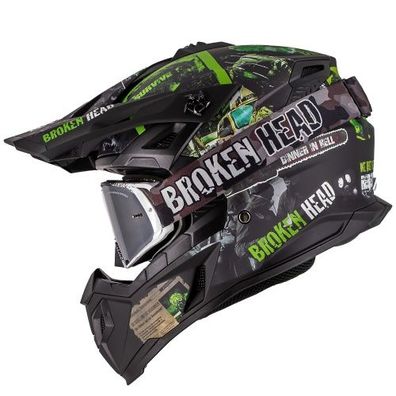Broken Head Supermoto- & Motocross-Helm Resolution Grün + MX-Brille Regulator Schwarz