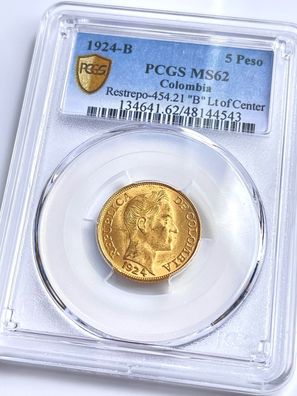 Kolumbien - 1924 - 5 Pesos - B Lt of Center - 7,988g - PCGS MS62