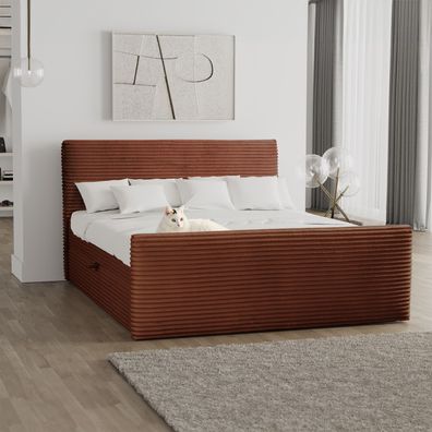 Boxspringbett mit bettkasten und topper 120x200 TRENTO stoff Plüsch Cord Kupfer