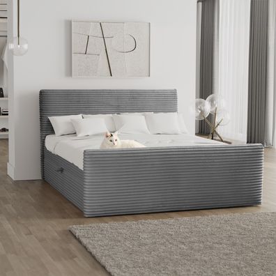 Boxspringbett mit bettkasten und topper 120x200 TRENTO stoff Plüsch Cord Dunkelgrau