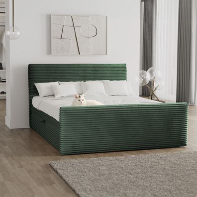 Boxspringbett mit bettkasten und topper 140x200 TRENTO stoff Plüsch Cord Grün