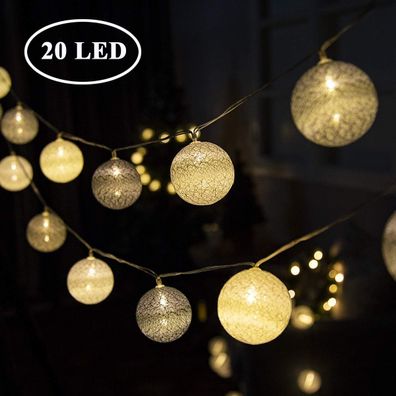 20 LEDs warmweiße Kugel Lichterkette, Baumwolldekoration für Kinderzimmer und Party