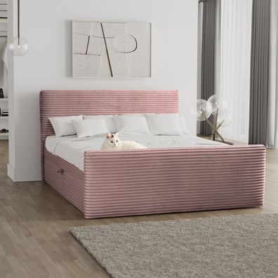 Boxspringbett mit bettkasten und topper 140x200 TRENTO stoff Plüsch Cord Rosa