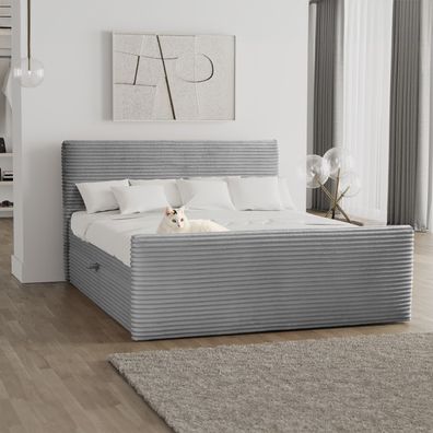 Boxspringbett mit bettkasten und topper 160x200 TRENTO stoff Plüsch Cord Hellgrau