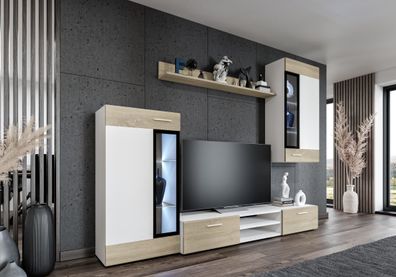 FURNIX Mediawand TINNA Wohnwand 4-tlg. mit TV-Schrank für Wohnzimmer Weiß -Sonoma