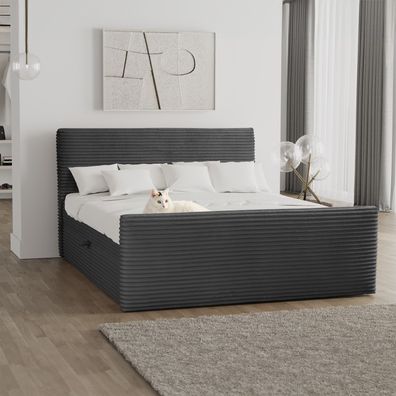 Boxspringbett mit bettkasten und topper 200x200 TRENTO stoff Plüsch Cord Graphit