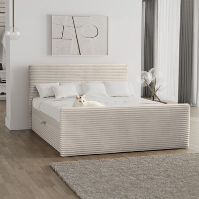 Boxspringbett mit bettkasten und topper 200x200 TRENTO stoff Plüsch Cord Ecru