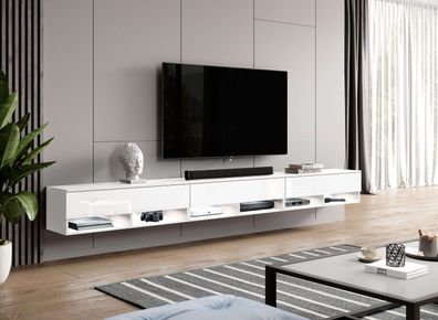 FURNIX TV-Schrank ALYX 300 cm (3x100cm) Lowboard TV-Kommode Weiß/ Weiß Glanz