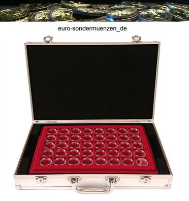 Aluminium Alu Münzkoffer mit 4 roten Tableaus u. Kapseln für 160 x 2 Euro Münzen#