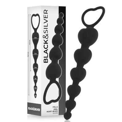 BLACK&amp; SILVER - MILA Silicone ANAL HEART-BEADS 18 CM