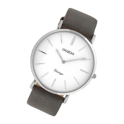 Oozoo Leder Damen Uhr C20075 Analog Quarzuhr Armband grau Vintage Slim UOC20075