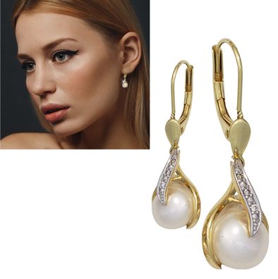1 Paar Ohrhänger 28,4mm aus 14 Kt 585 Gelbgold Perlen Diamanten 0,02 ct. W/ SI
