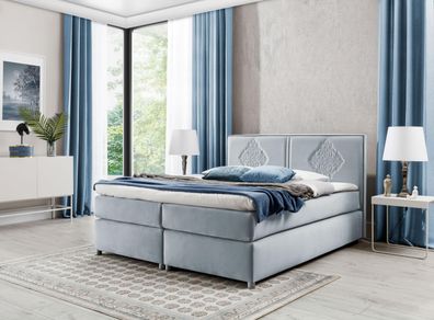 FURNIX Boxspringbett FOLKET 180x200 dekorativem Kopfteil Topper EV70831 Hellgrau