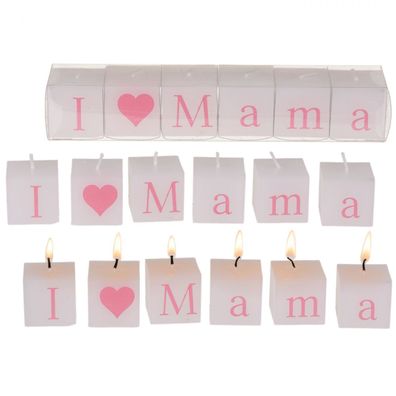 Kerzenblock mit Schrift I love Mama ca. 3 x 3 cm 6er Set in Kunststoff Box