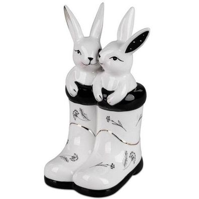 Formano Hasenpaar im Stiefel Ostern Deko schwarz weiß Hase Paar Keramik NEU