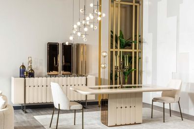 Weiße Edle Esszimmer Gruppe Designer Edelstahl Tisch Luxuriöse x6 Stühle
