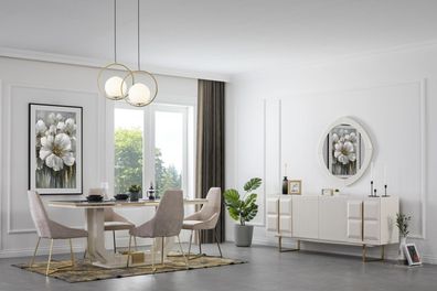 Komplette Weiße Essgruppe Designer Essset Luxus Esstisch Stühle Spiegel