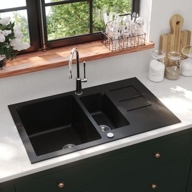 vidaXL Granitspüle Doppelbecken Schwarz