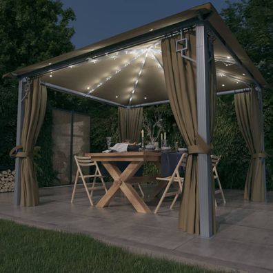 vidaXL Pavillon mit Vorhängen & LED-Lichterkette 300x300 cm Taupe Alu